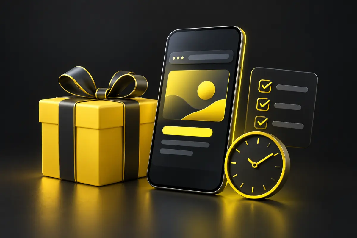 Illustration of a mobile promotion card and bonus terms